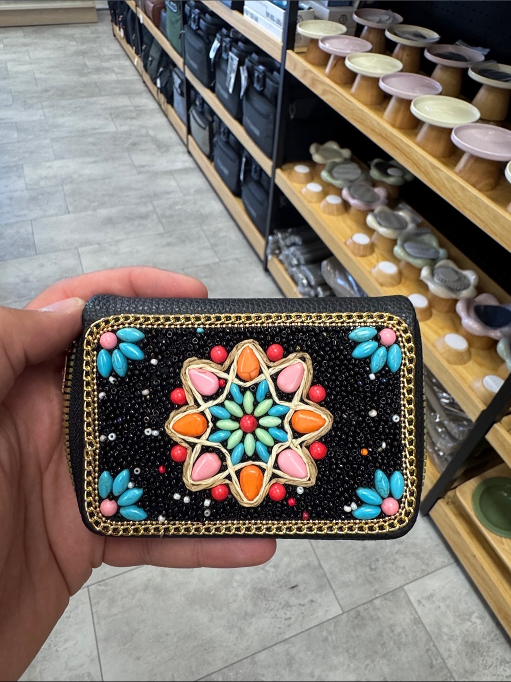 Embellished Beaded Black Wallet with Multicolor Floral Motif